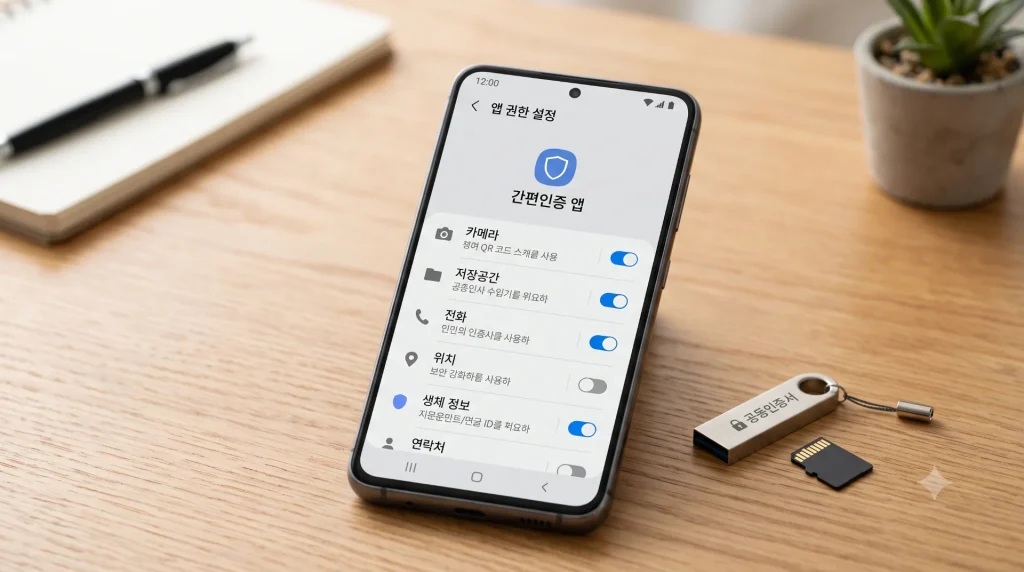 스마트폰 화면에 간편인증 앱(아이콘만 보이고 브랜드 표기는 없음) 권한 설정 화면